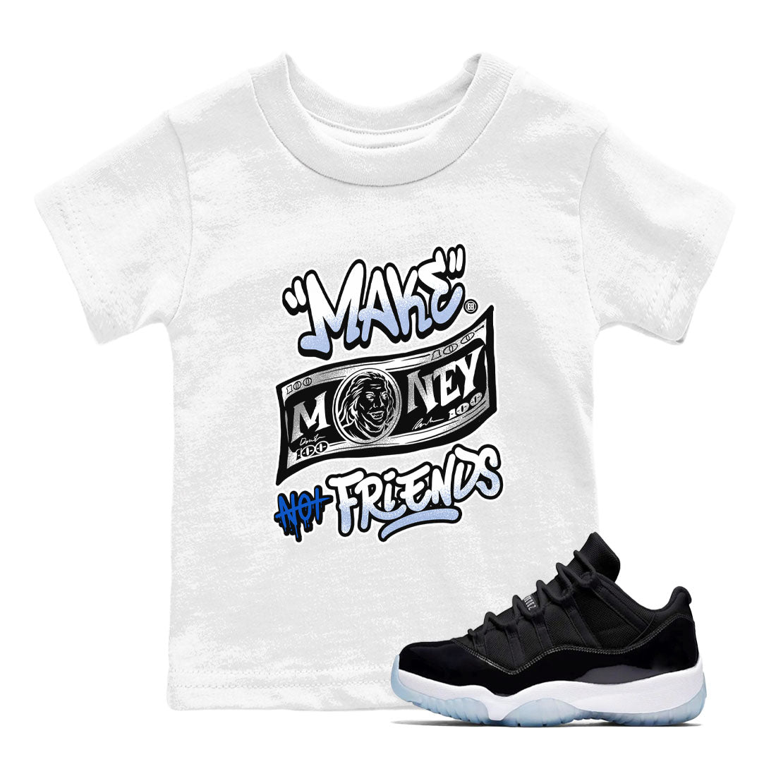 Make Money Not Friends snkmatch Tees Kids - Air Jordan 11 Black and Varsity Royal