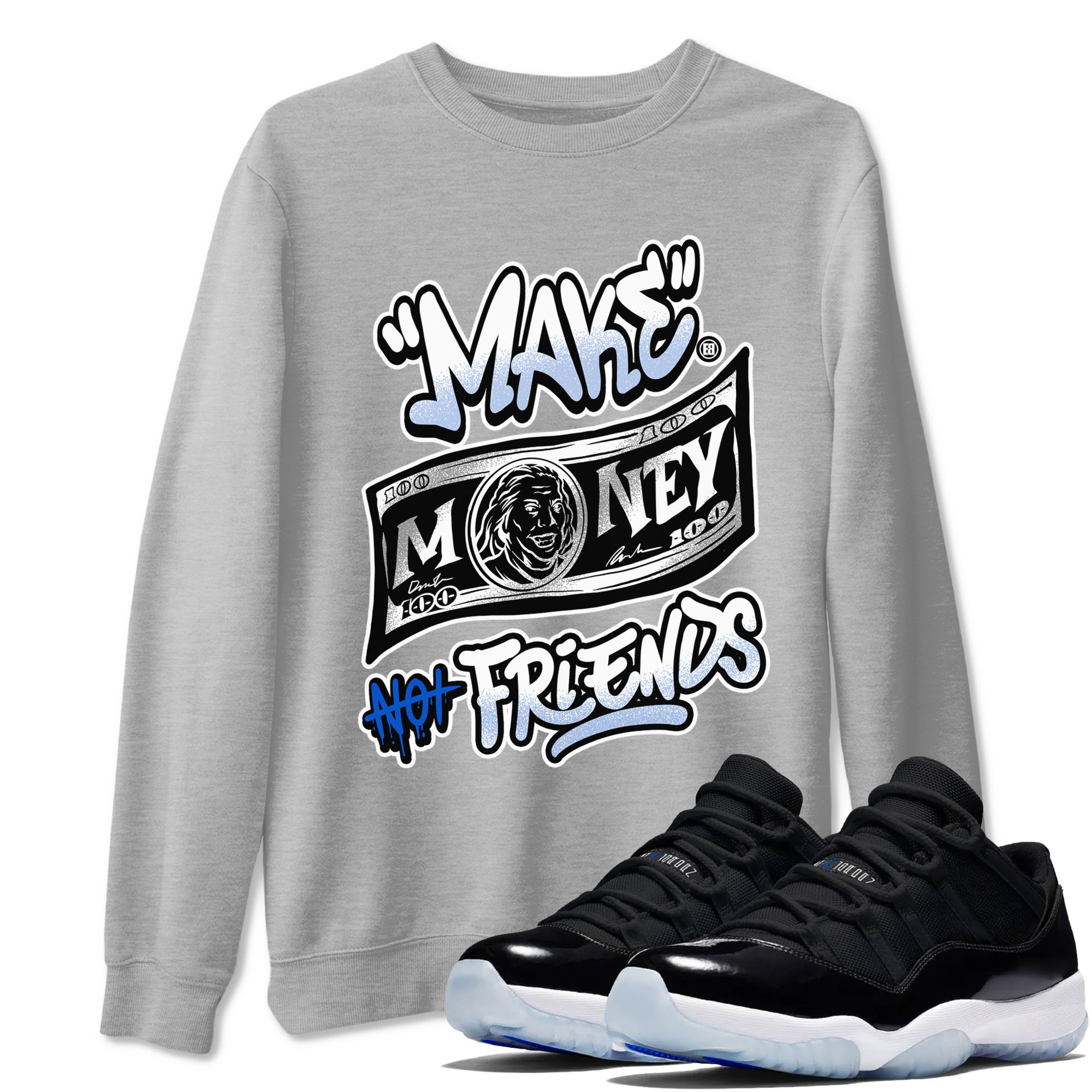Make Money Not Friends snkmatch Tees - Air Jordan 11 Black and Varsity Royal