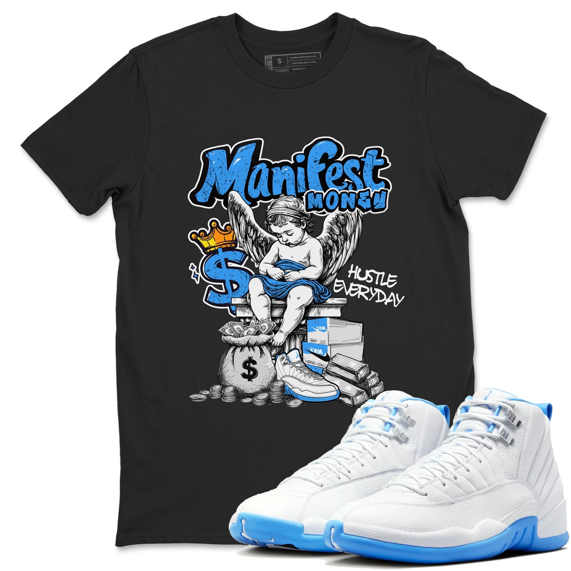 Manifest Money snkmatch Tees - Air Jordan 12 White and University Blue