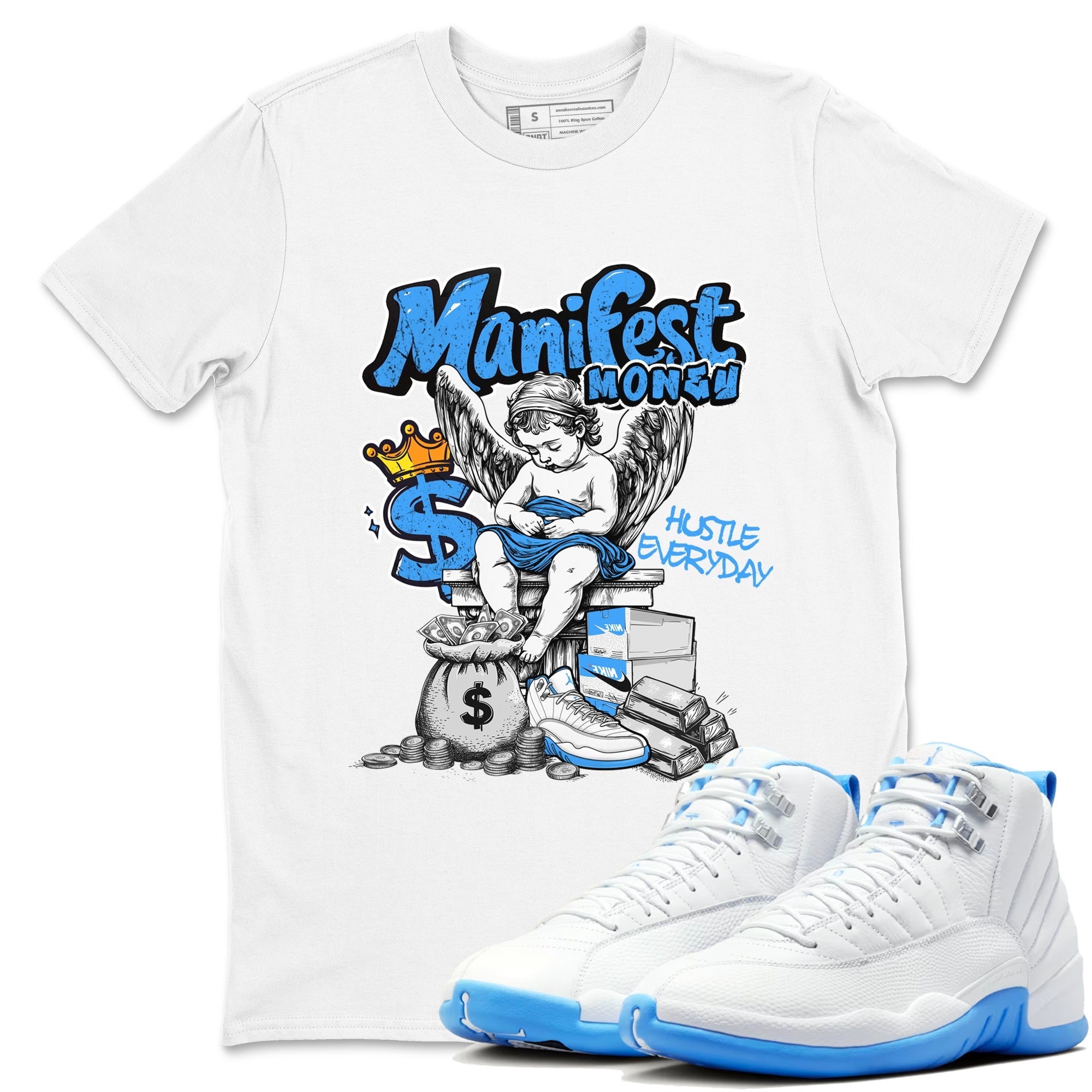 Manifest Money snkmatch Tees - Air Jordan 12 White and University Blue