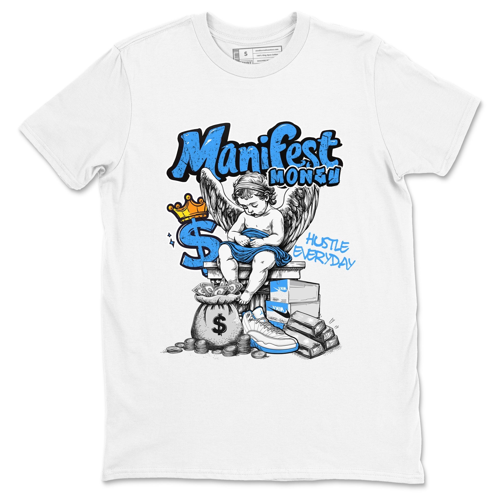 Manifest Money snkmatch Tees - Air Jordan 12 White and University Blue
