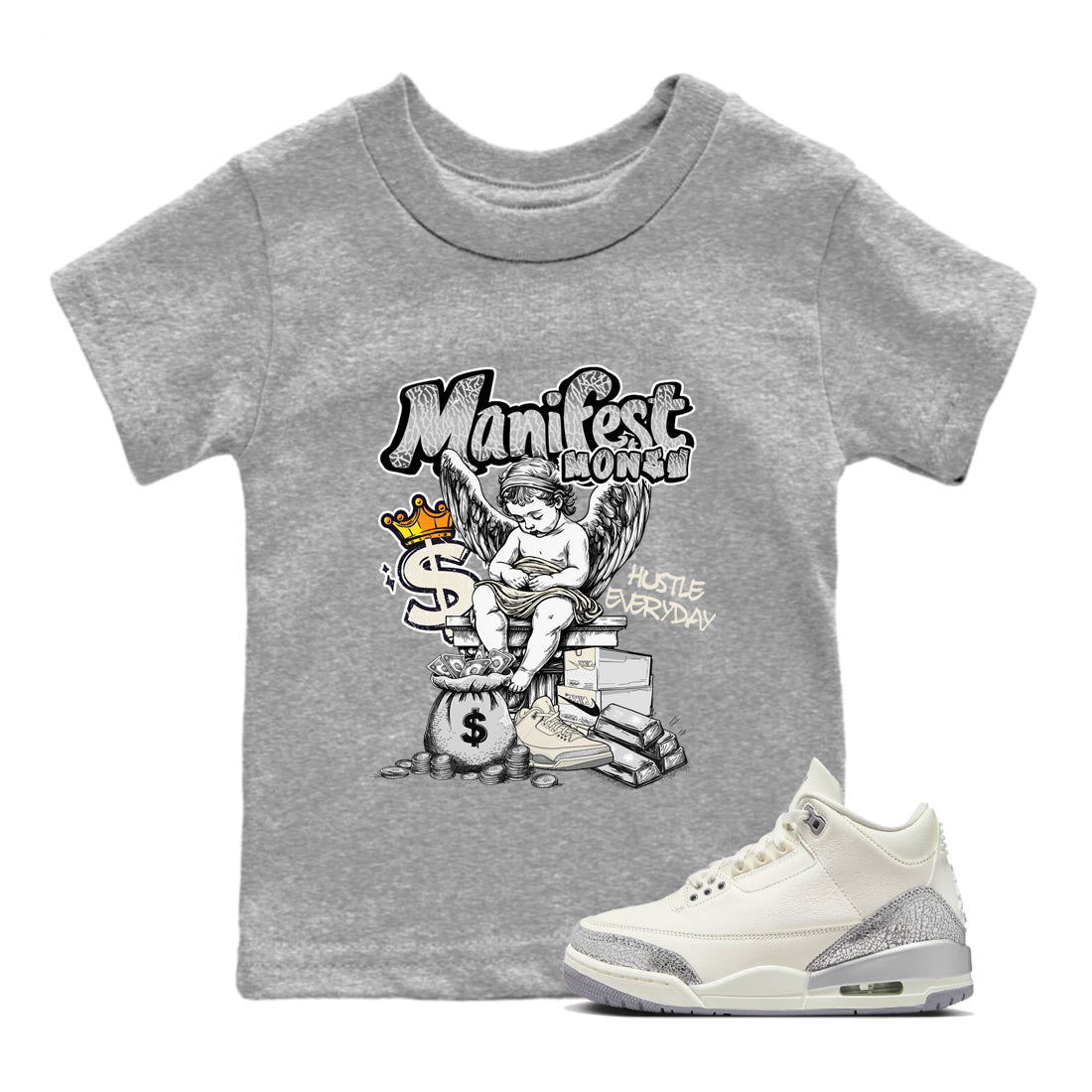 Manifest Money snkmatch Tees Kids - Air Jordan 3 Sail and Cement Grey