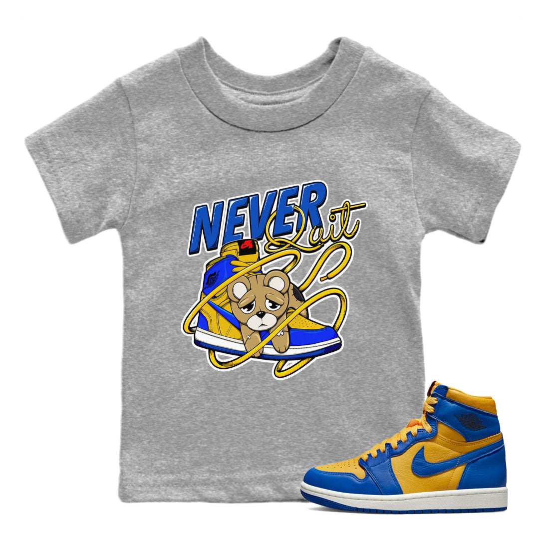 Never Quit snkmatch Tee Kids - Air Jordan 1 Game Royal Varsity Maize