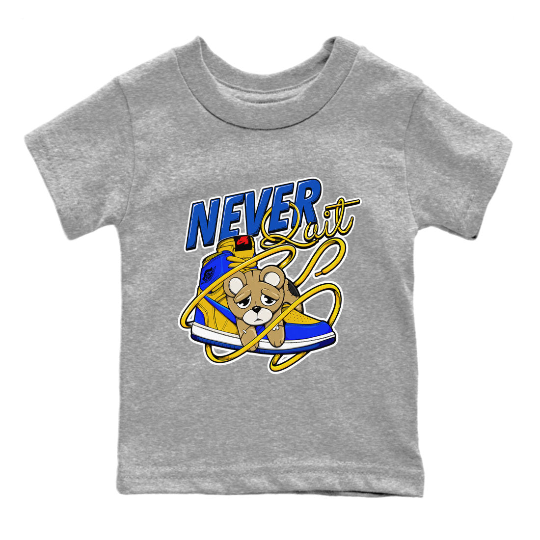 Never Quit snkmatch Tee Kids - Air Jordan 1 Game Royal Varsity Maize