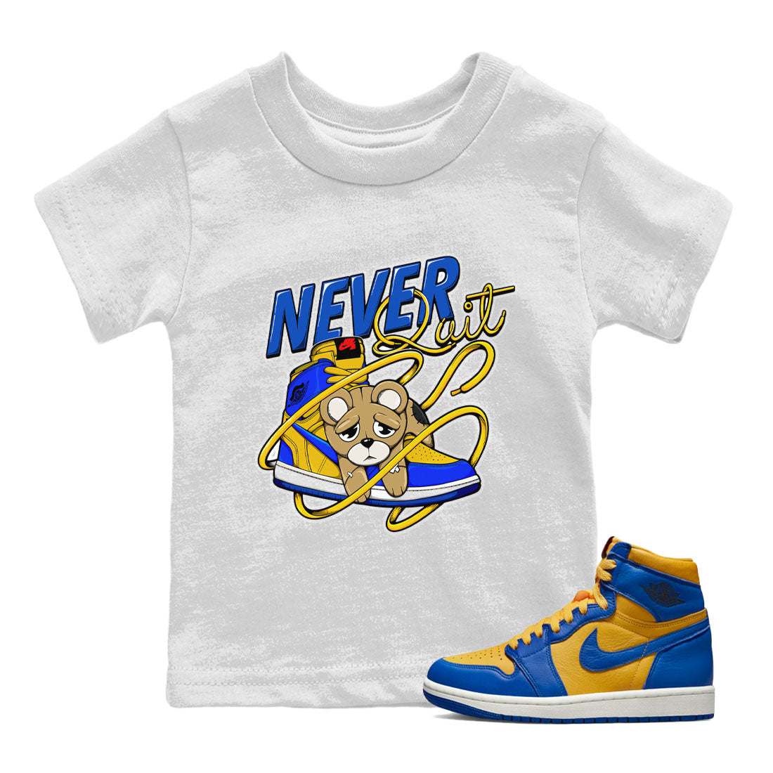 Never Quit snkmatch Tee Kids - Air Jordan 1 Game Royal Varsity Maize
