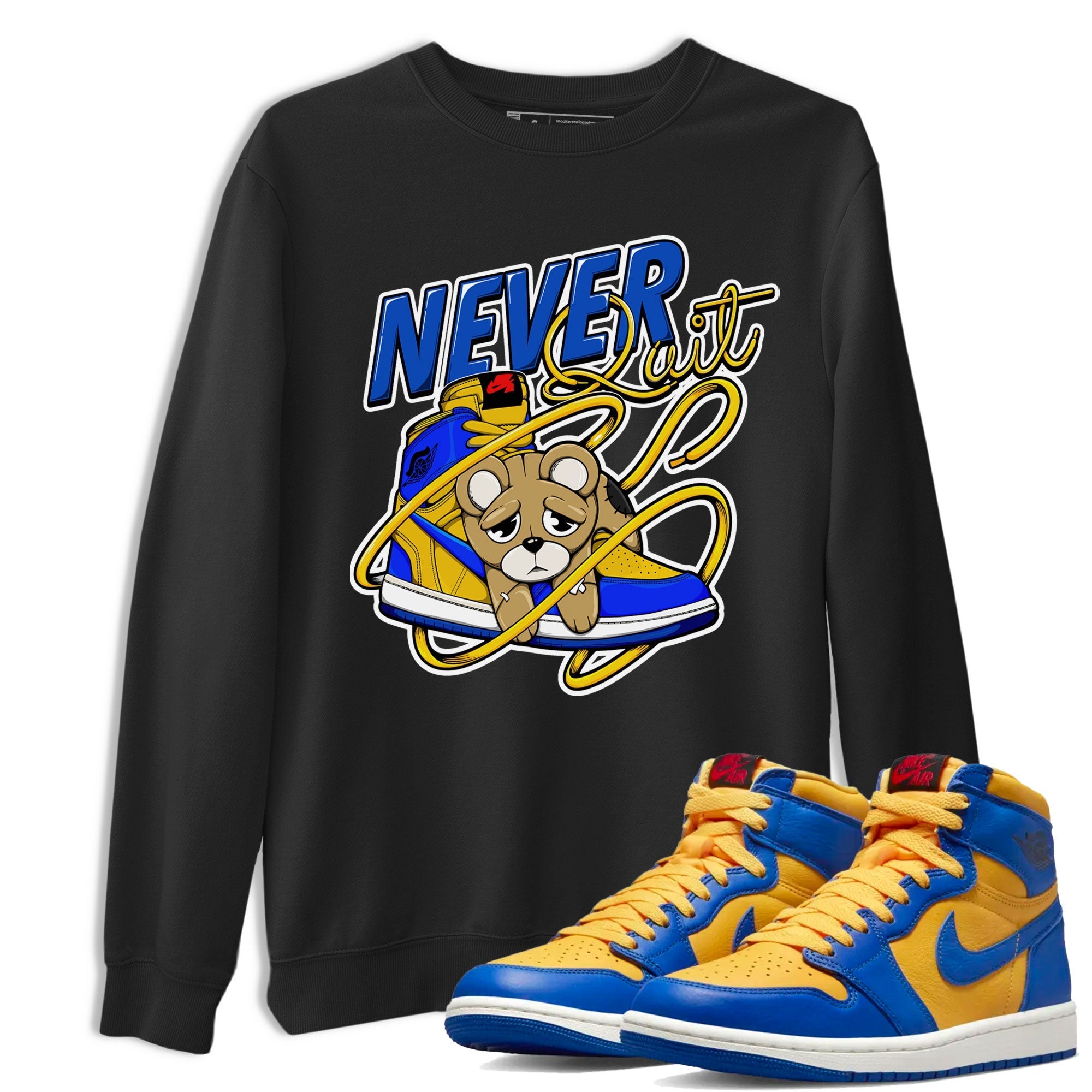 Never Quit snkmatch Tee - Air Jordan 1 Game Royal Varsity Maize