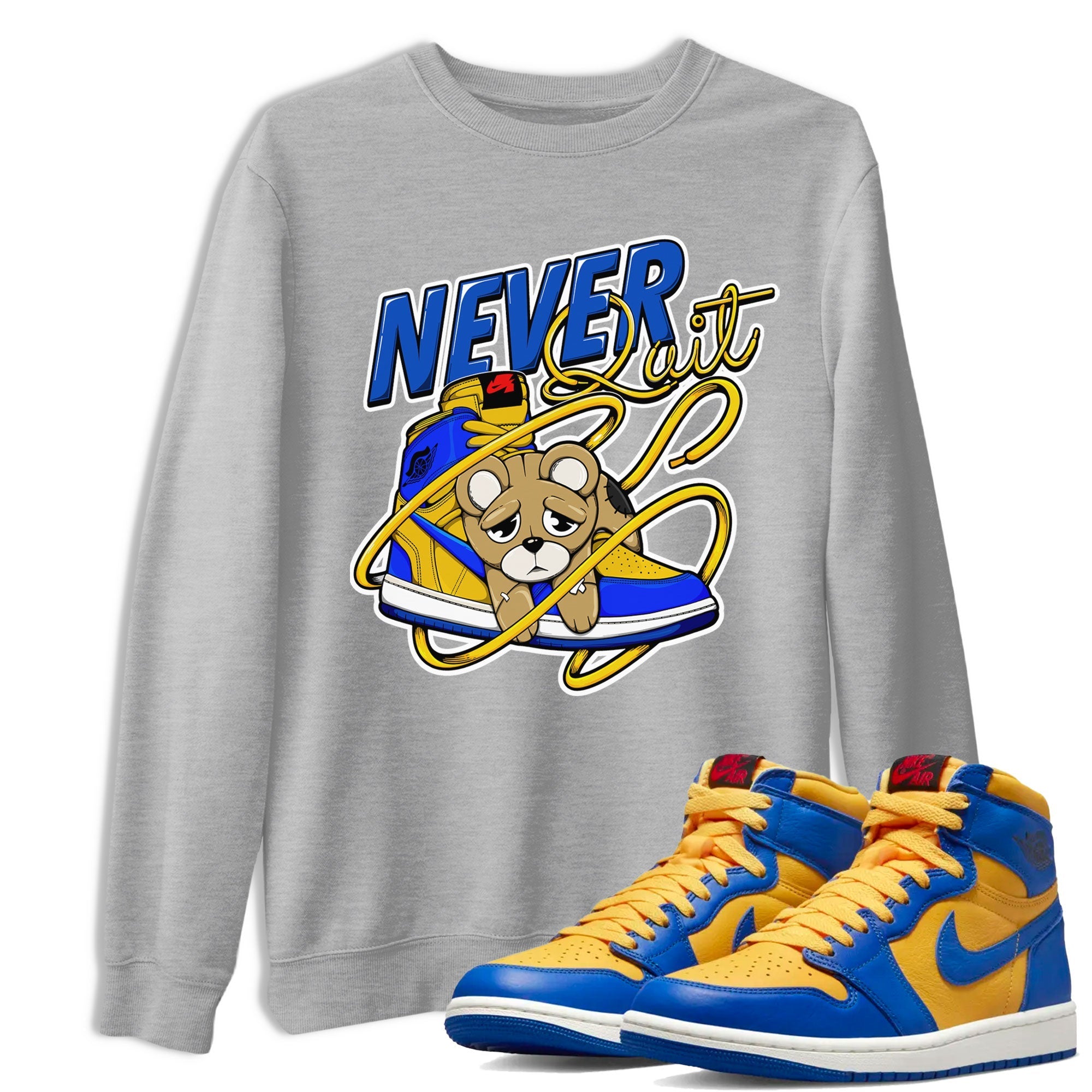 Never Quit snkmatch Tee - Air Jordan 1 Game Royal Varsity Maize