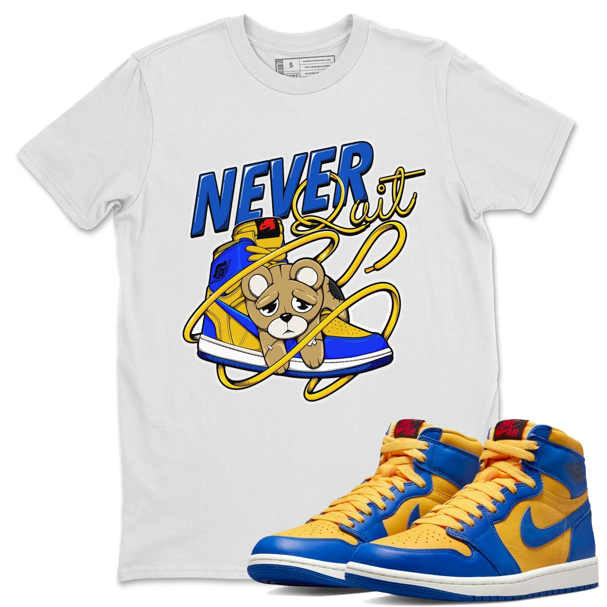 Never Quit snkmatch Tee - Air Jordan 1 Game Royal Varsity Maize