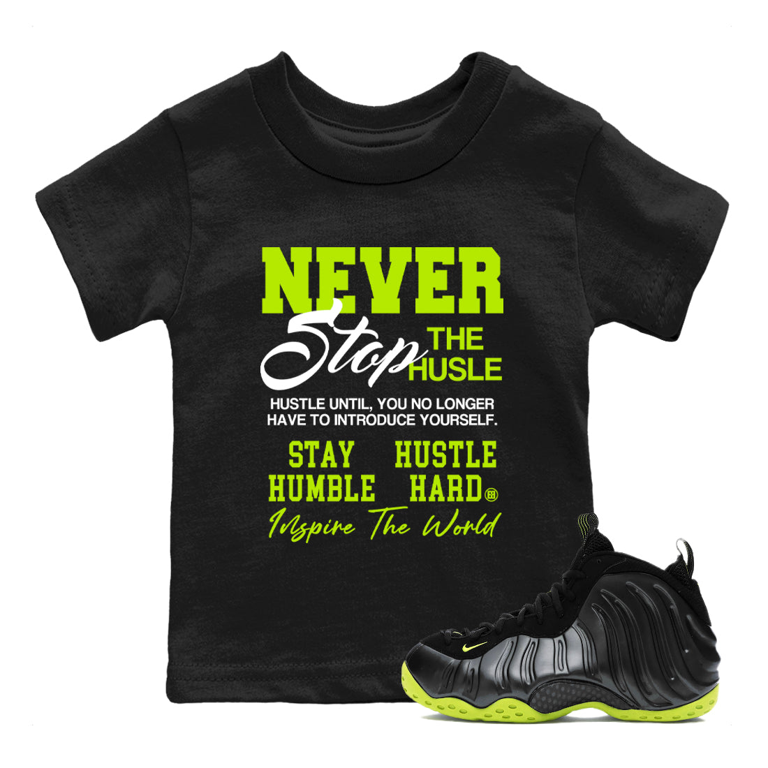 Never Stop The Hustle snkmatch Tees Kids - Air Foamposite One Black Volt
