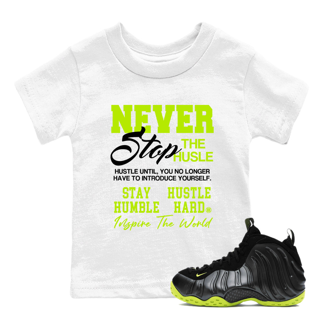 Never Stop The Hustle snkmatch Tees Kids - Air Foamposite One Black Volt