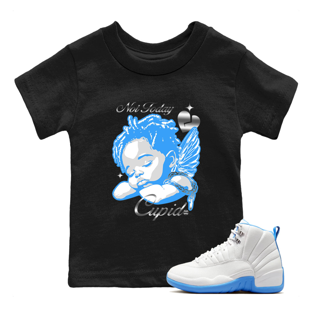 Not Today Cupid snkmatch Tees Kids - Air Jordan 12 White and University Blue