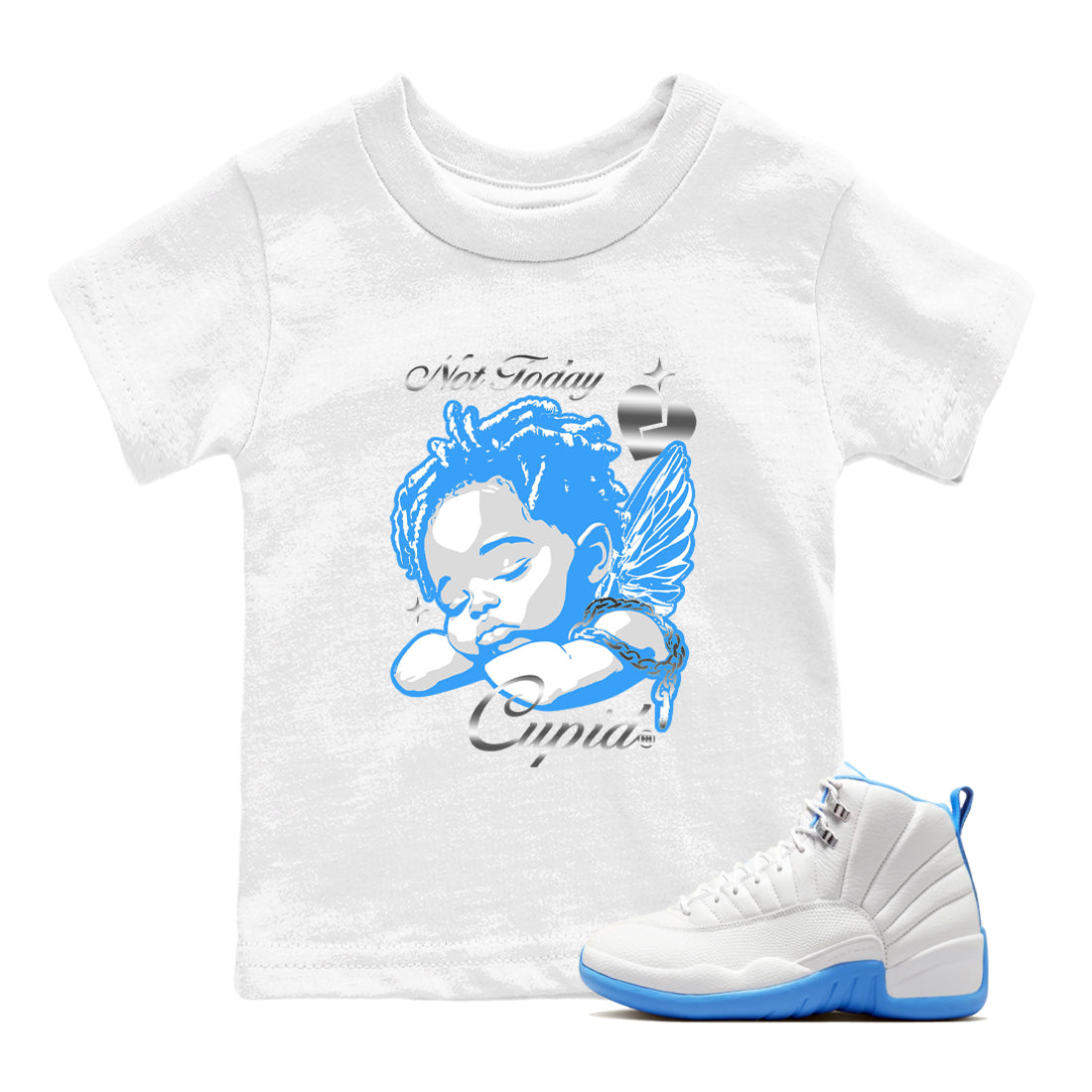 Not Today Cupid snkmatch Tees Kids - Air Jordan 12 White and University Blue