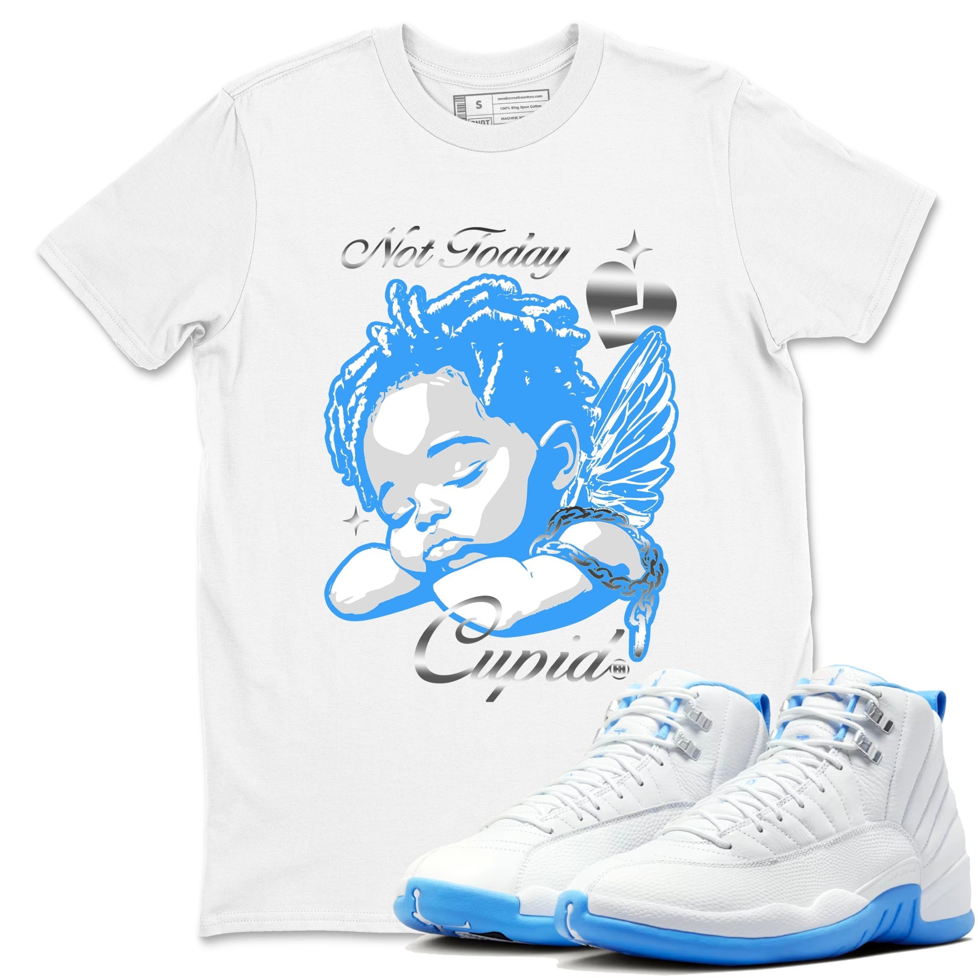 Not Today Cupid snkmatch Tees - Air Jordan 12 White and University Blue
