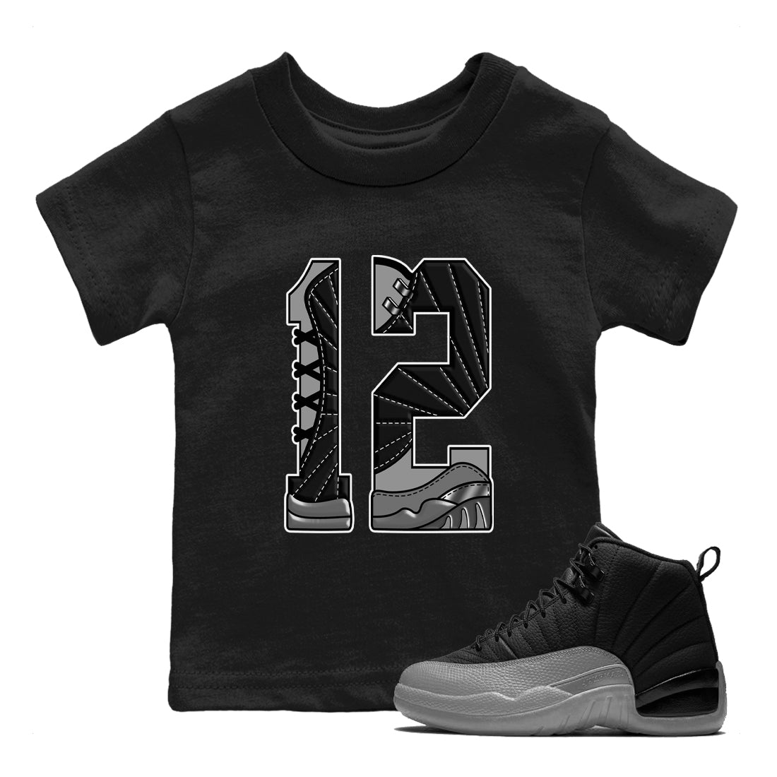 Number 12 snkmatch Tees Kids - Air Jordan 12 Black Wolf Grey