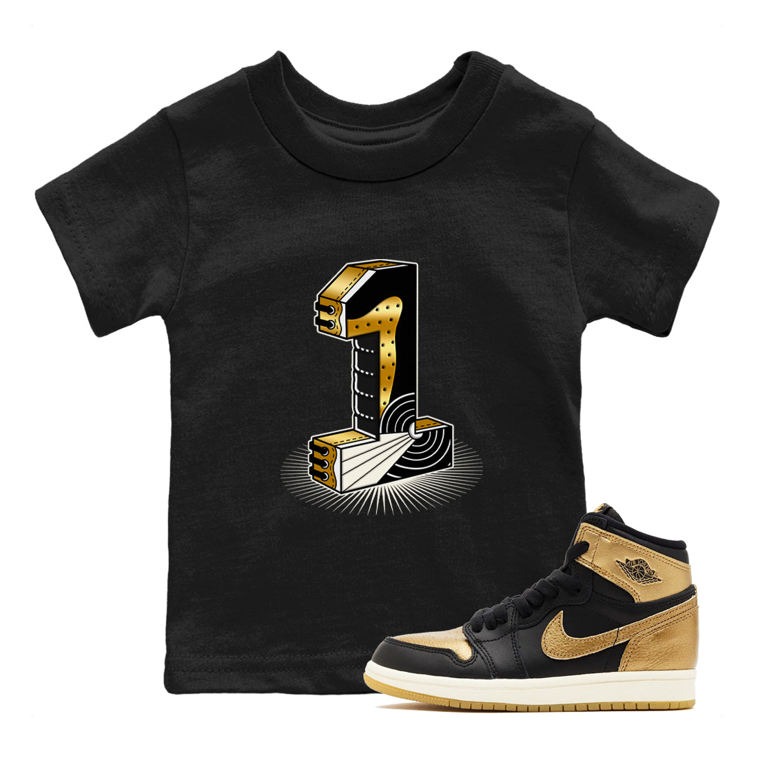 Number Statue snkmatch Tees Kids - Air Jordan 1 Black Metallic Gold