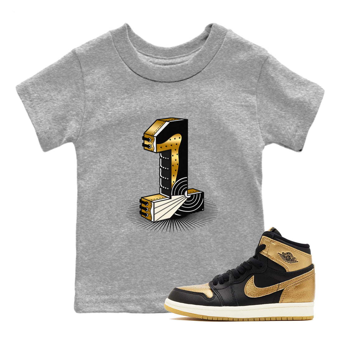 Number Statue snkmatch Tees Kids - Air Jordan 1 Black Metallic Gold