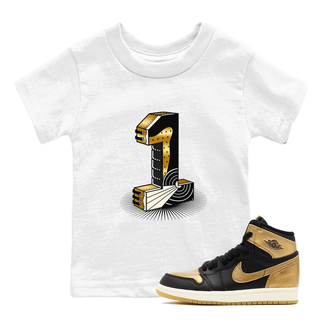 Number Statue snkmatch Tees Kids - Air Jordan 1 Black Metallic Gold