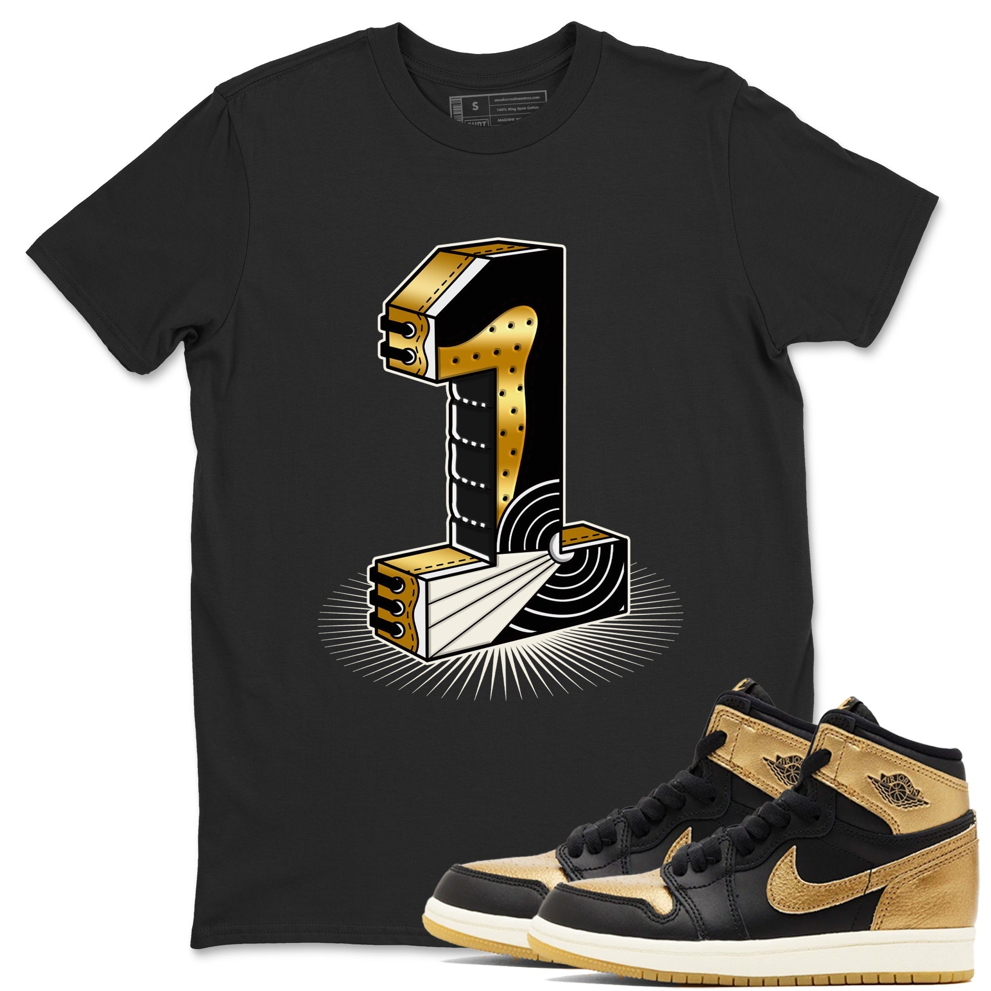 Number Statue snkmatch Tees - Air Jordan 1 Black Metallic Gold