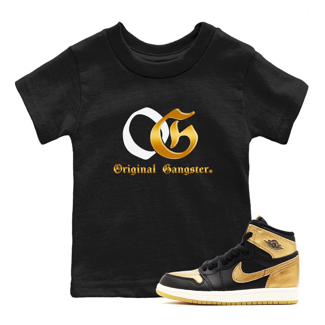 OG Original Gangster snkmatch Tees Kids - Air Jordan 1 Black Black Metallic Gold