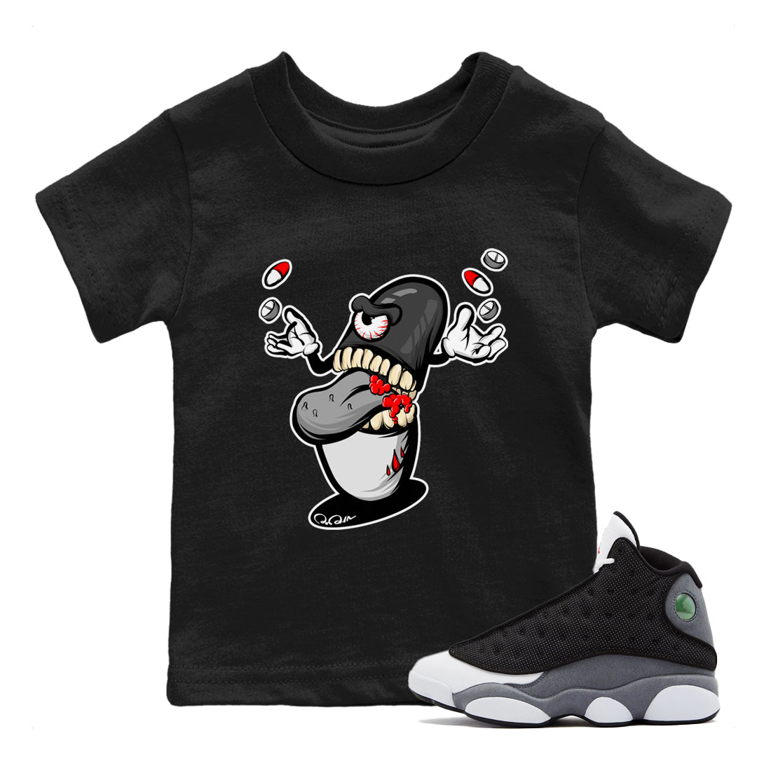 Pill Monster Kids Tops - Air Jordan 13 Black Flint