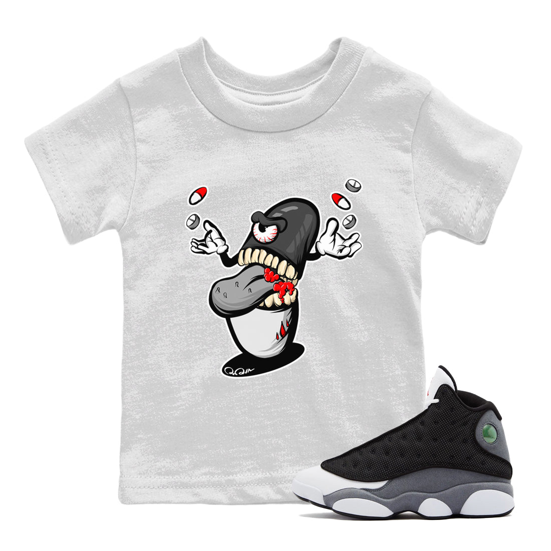 Pill Monster Kids Tops - Air Jordan 13 Black Flint