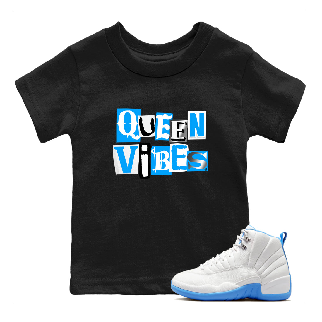 Queen Vibes snkmatch Tees Kids - Air Jordan 12 White and University Blue