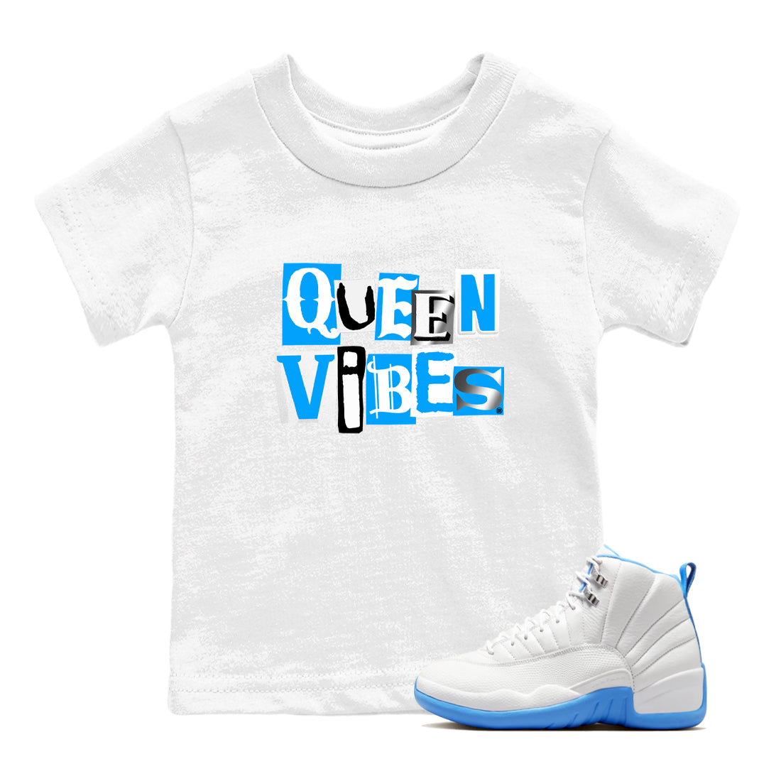 Queen Vibes snkmatch Tees Kids - Air Jordan 12 White and University Blue