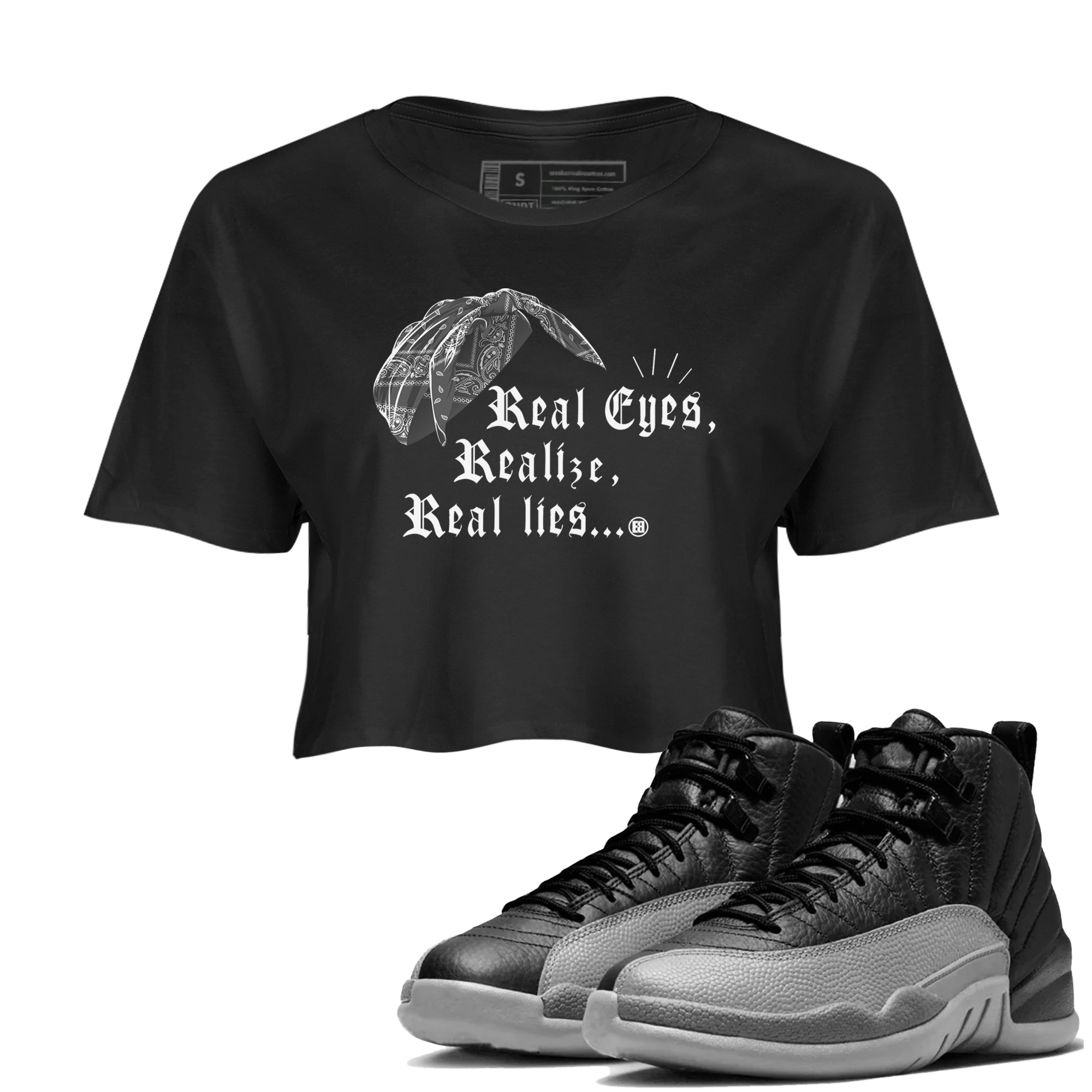 Real Eyes Realize Real Lies snkmatch Women's Top - Air Jordan 12 Black Wolf Grey