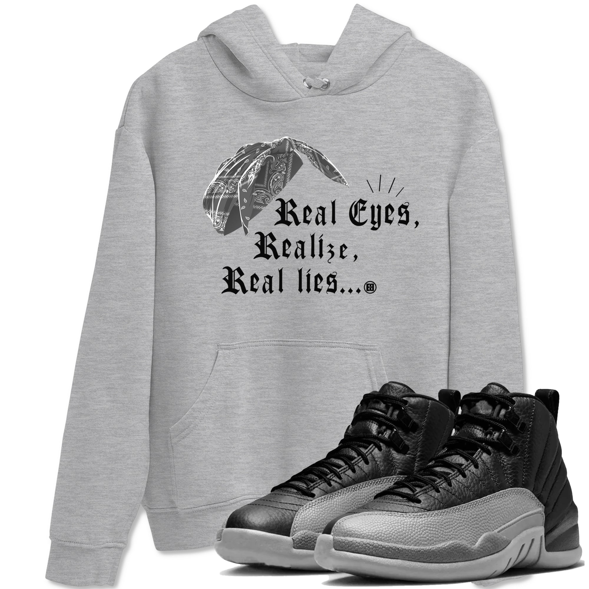Real Eyes Realize Real Lies snkmatch Tees - Air Jordan 12 Black Wolf Grey