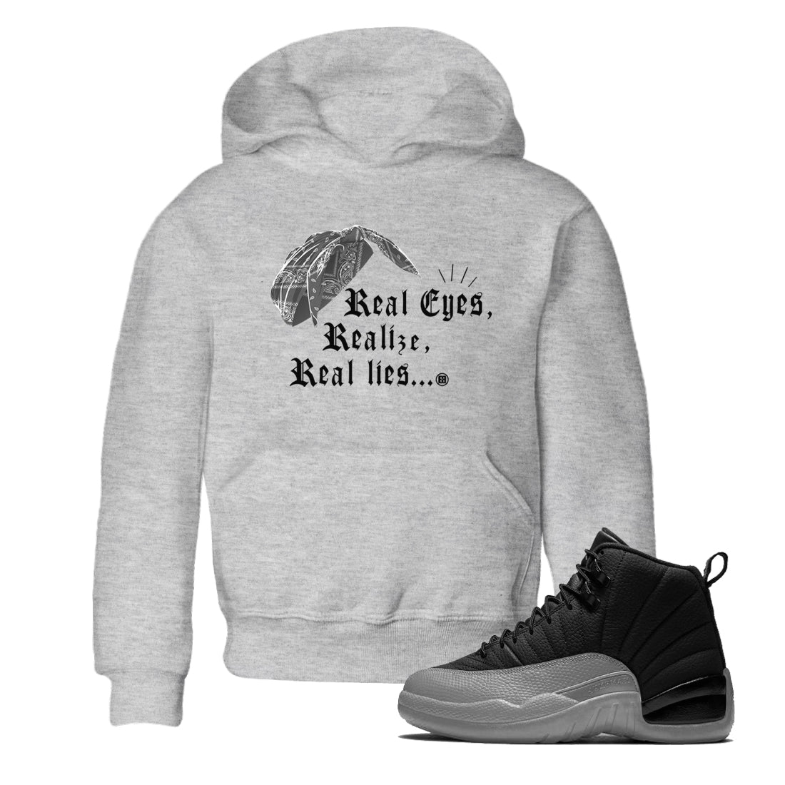 Real Eyes Realize Real Lies snkmatch Tees Kids - Air Jordan 12 Black Wolf Grey