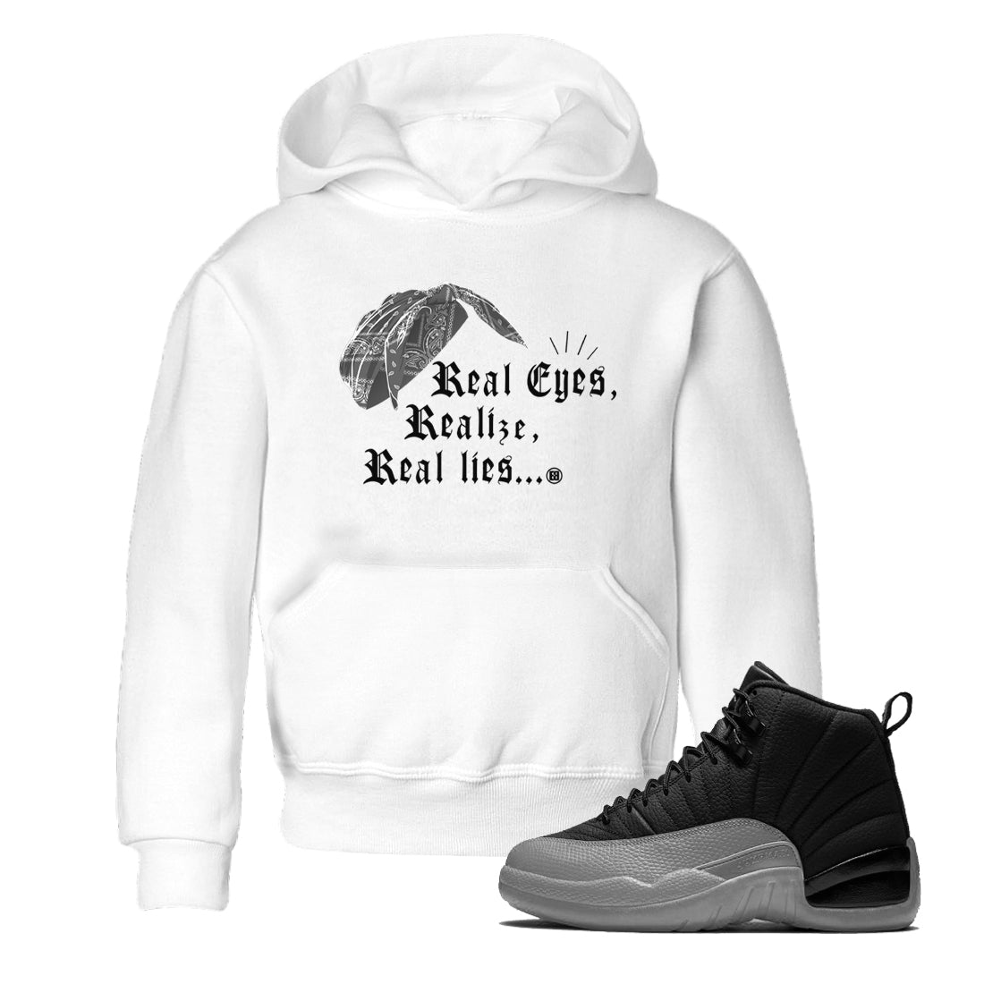 Real Eyes Realize Real Lies snkmatch Tees Kids - Air Jordan 12 Black Wolf Grey