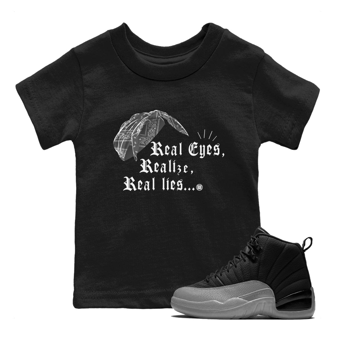 Real Eyes Realize Real Lies snkmatch Tees Kids - Air Jordan 12 Black Wolf Grey