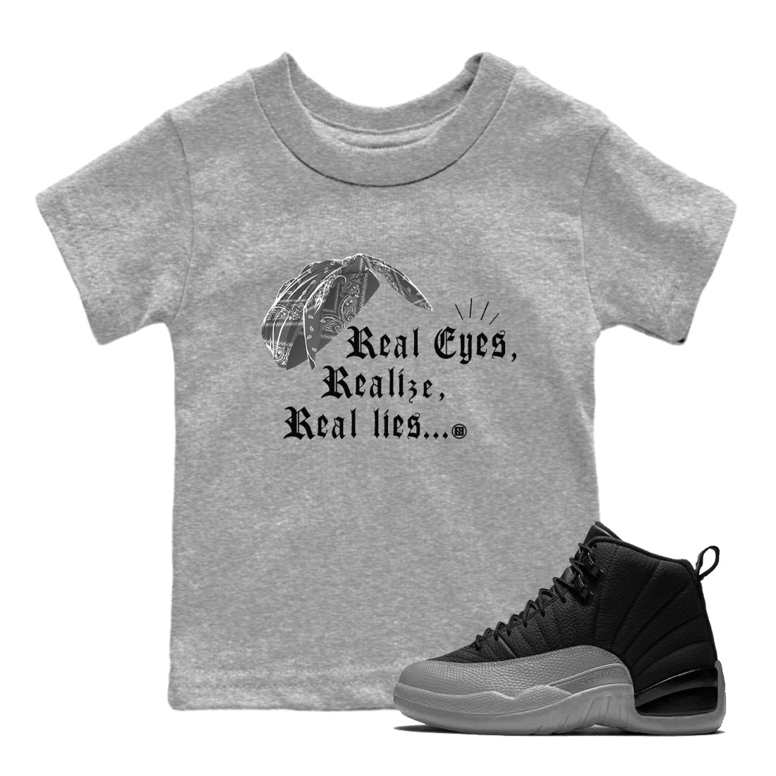 Real Eyes Realize Real Lies snkmatch Tees Kids - Air Jordan 12 Black Wolf Grey
