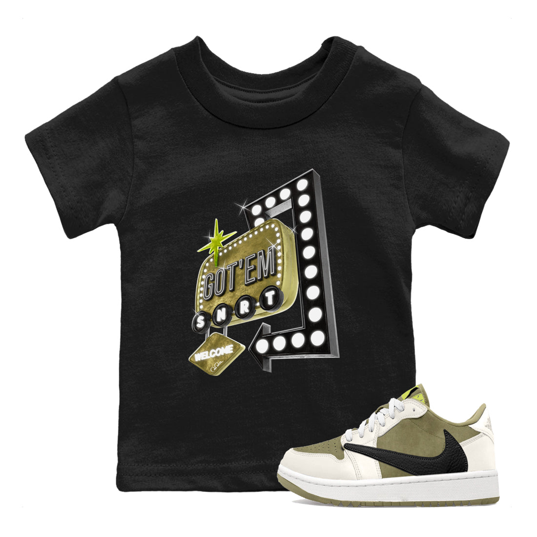 Retro Neon Sign snkmatch Tee Kids - Air Jordan 1 Travis Scott Golf Olive