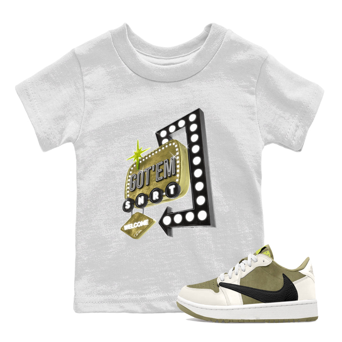 Retro Neon Sign snkmatch Tee Kids - Air Jordan 1 Travis Scott Golf Olive