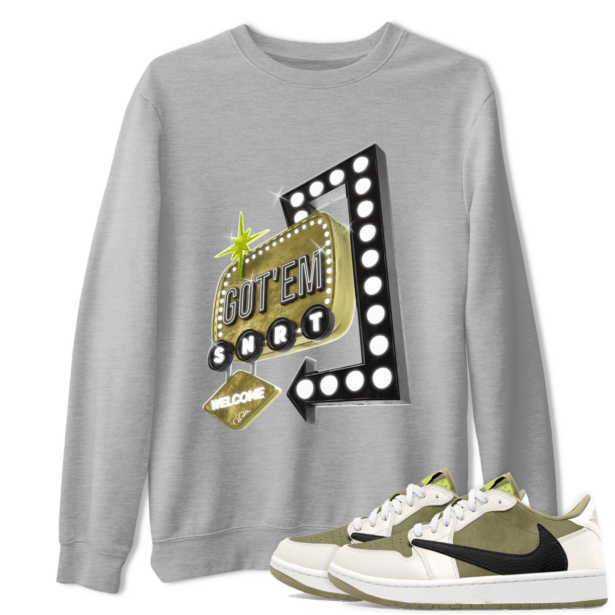 Retro Neon Sign snkmatch Tee - Air Jordan 1 Travis Scott Golf Olive