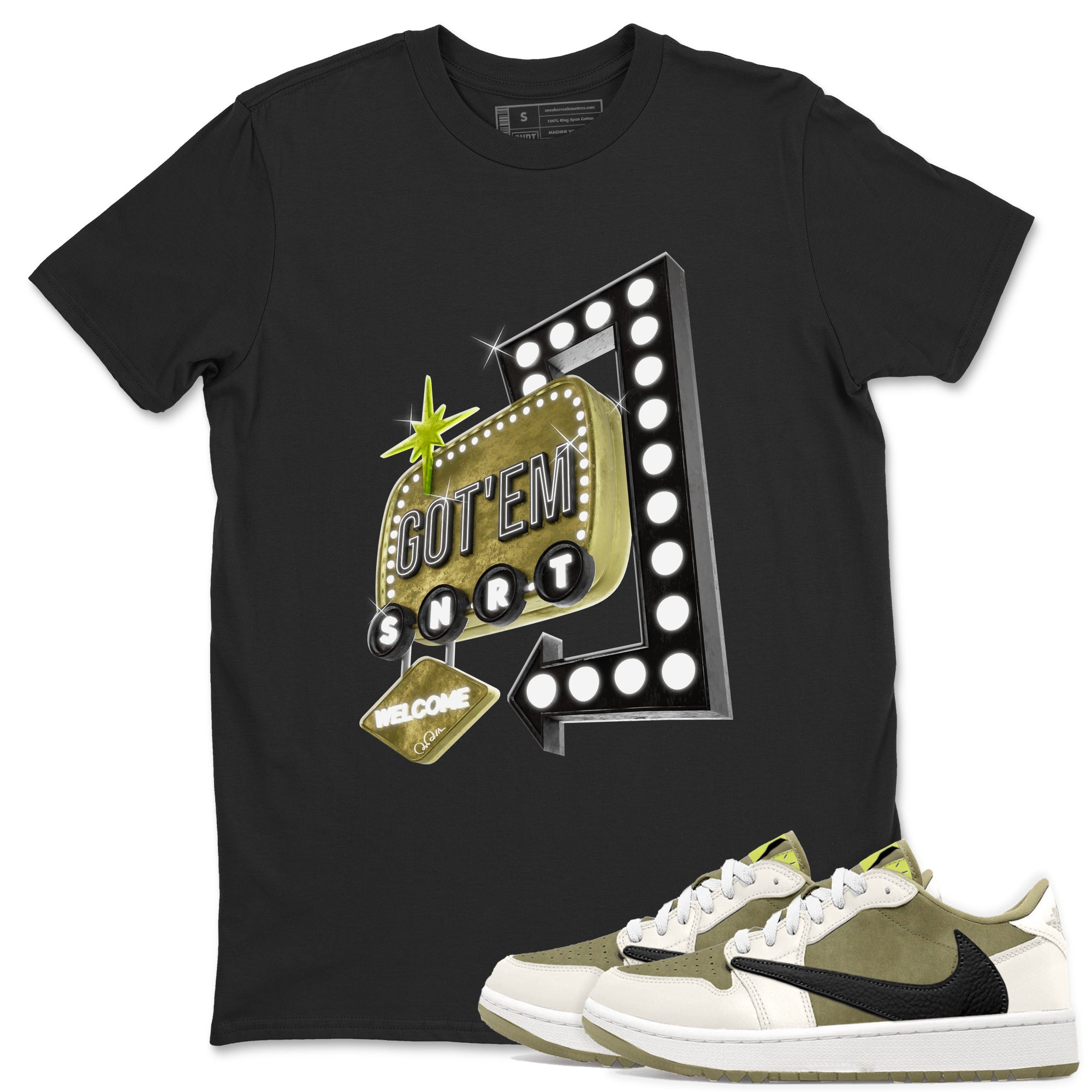 Retro Neon Sign snkmatch Tee - Air Jordan 1 Travis Scott Golf Olive