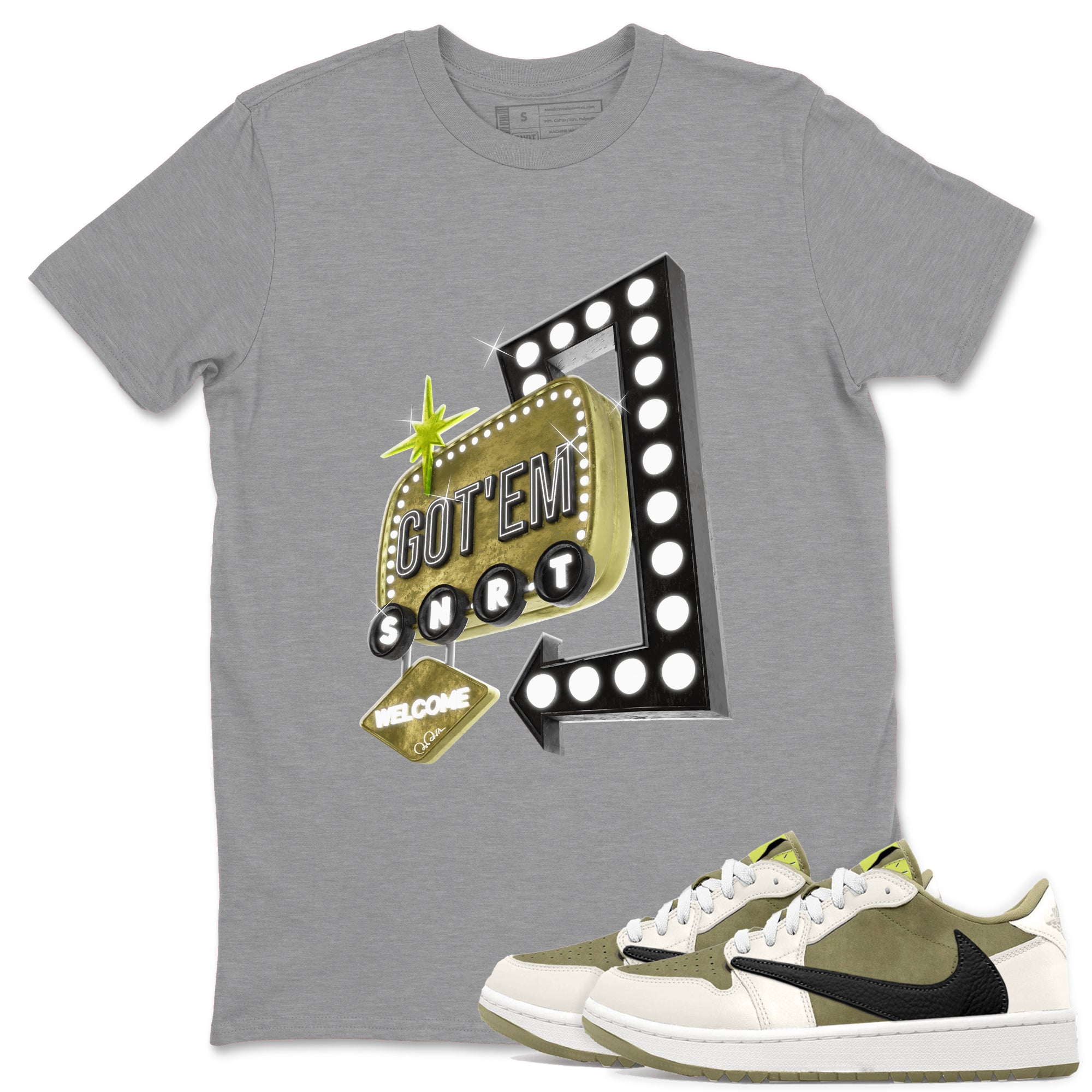 Retro Neon Sign snkmatch Tee - Air Jordan 1 Travis Scott Golf Olive
