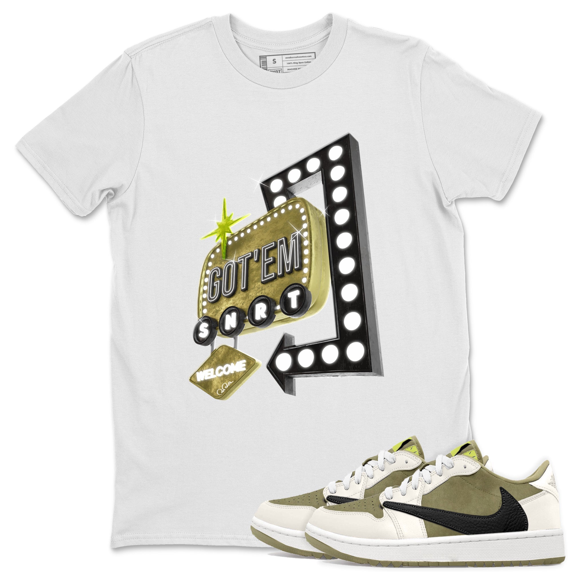 Retro Neon Sign snkmatch Tee - Air Jordan 1 Travis Scott Golf Olive