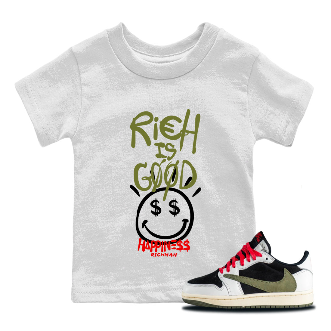 Rich Is Good Kids Tops - Air Jordan 1 Travis Scott Olive