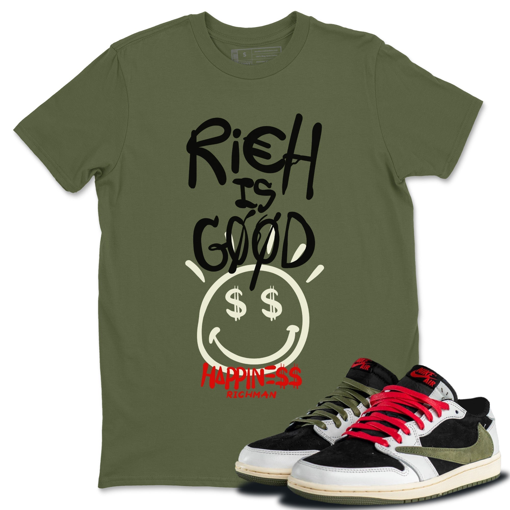 Rich Is Good Unisex Tops - Air Jordan 1 Travis Scott Olive