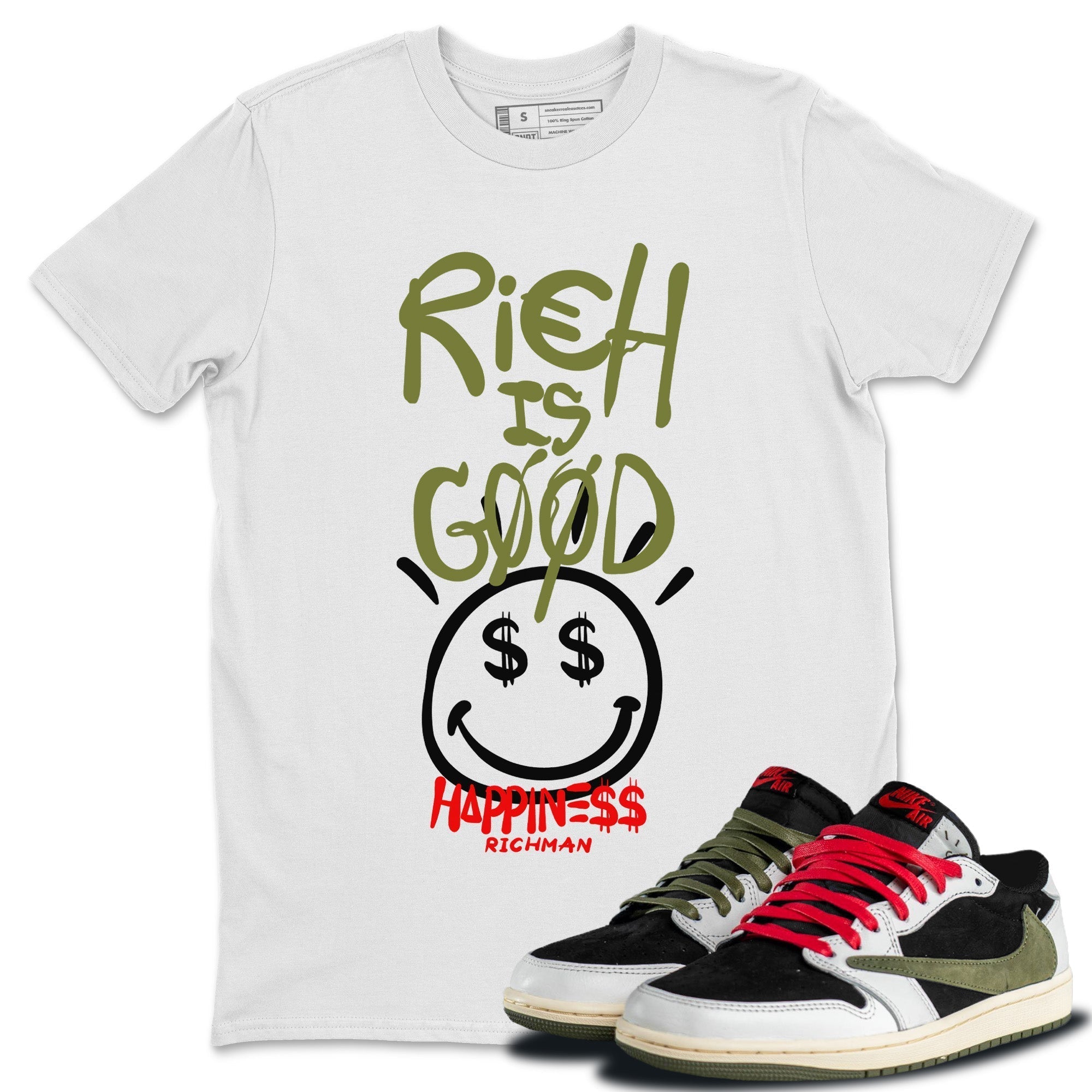 Rich Is Good Unisex Tops - Air Jordan 1 Travis Scott Olive