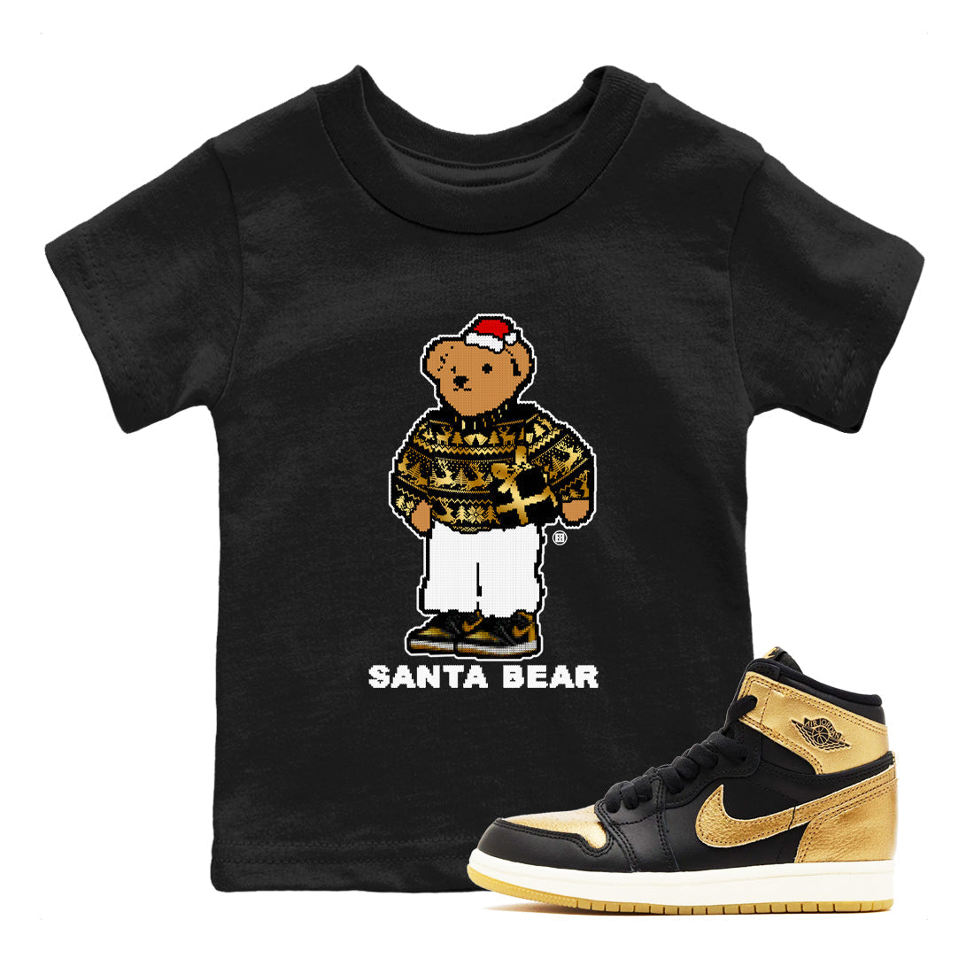 Santa Bear snkmatch Tees Kids - Air Jordan 1 Black Metallic Gold