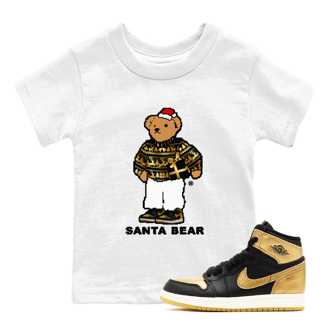 Santa Bear snkmatch Tees Kids - Air Jordan 1 Black Metallic Gold