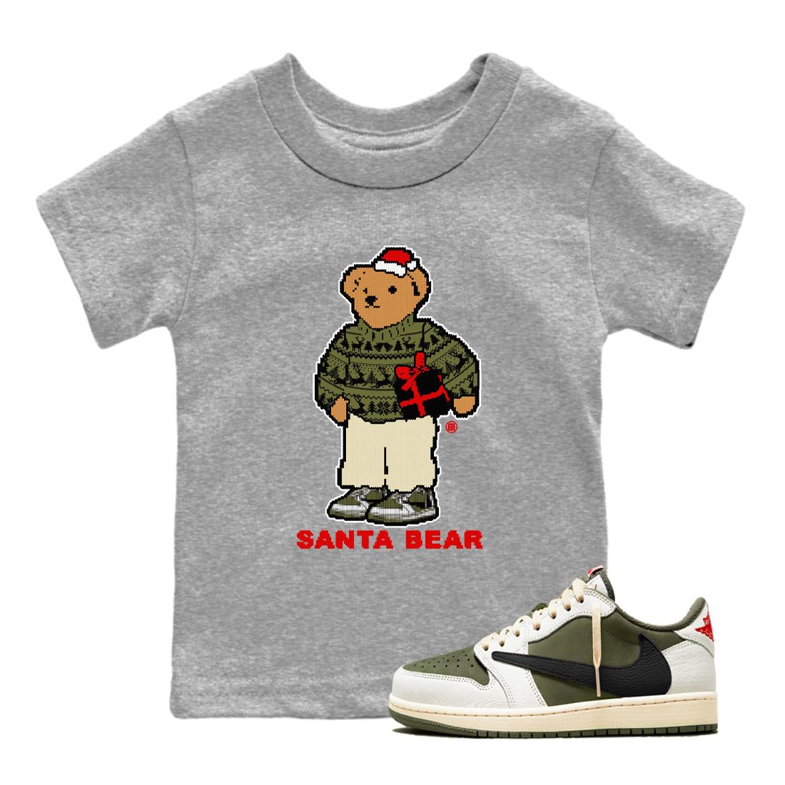 Santa Bear snkmatch Tees Kids - Air Jordan 1 Travis Scott Medium Olive