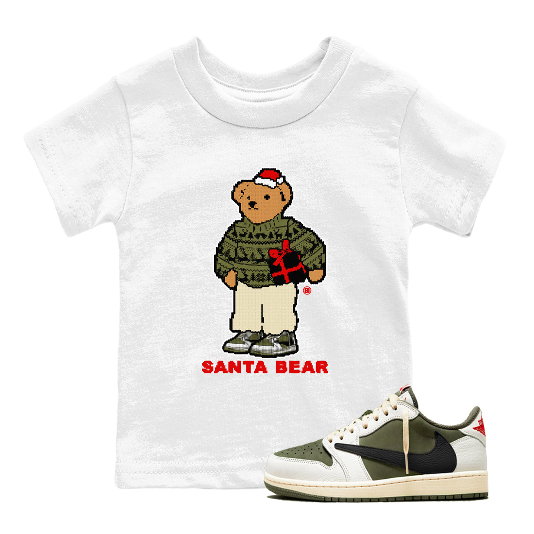 Santa Bear snkmatch Tees Kids - Air Jordan 1 Travis Scott Medium Olive