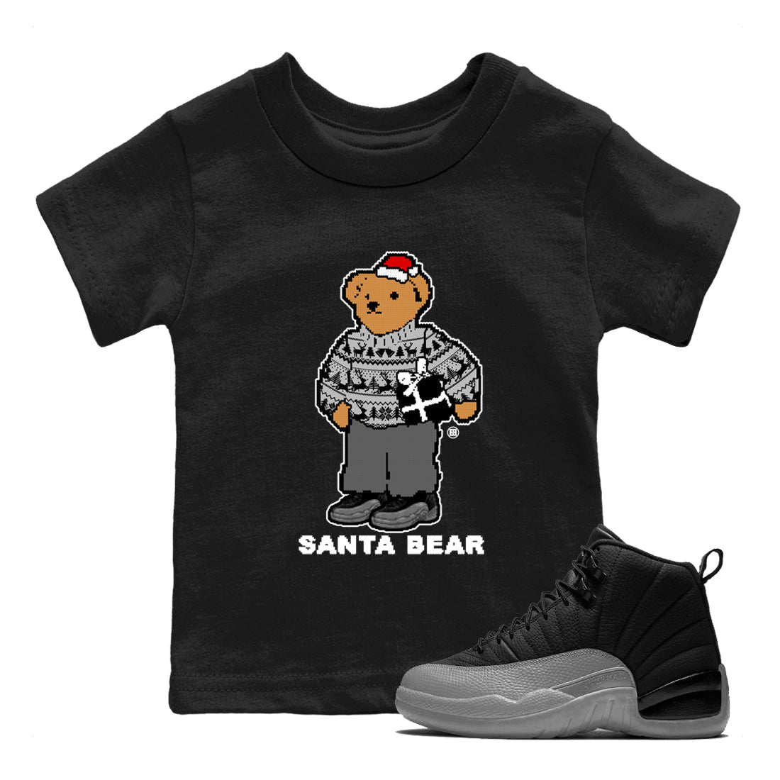 Santa Bear snkmatch Tees Kids - Air Jordan 12 Black Wolf Grey