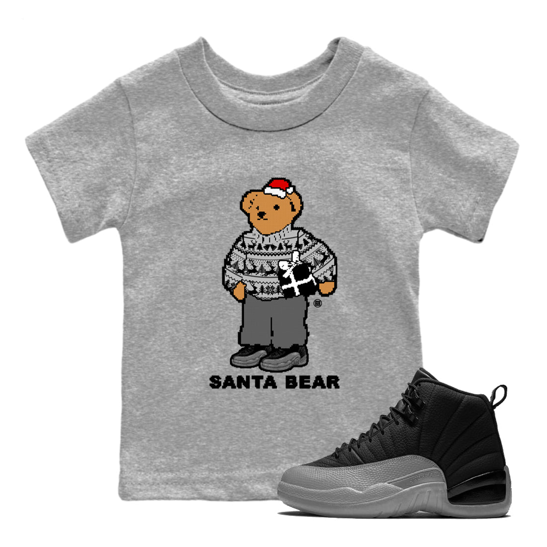 Santa Bear snkmatch Tees Kids - Air Jordan 12 Black Wolf Grey