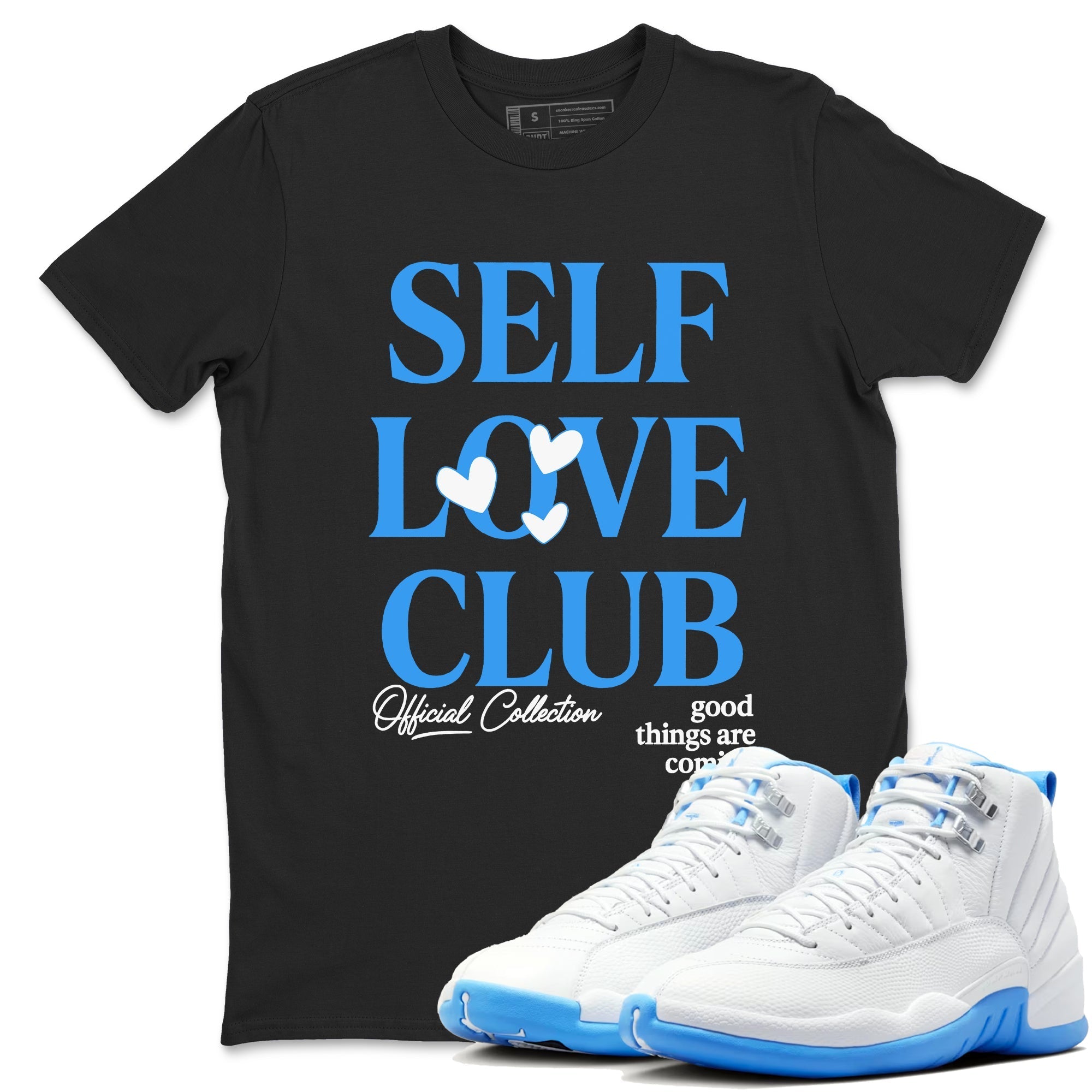 Self Love Club snkmatch Tees - Air Jordan 12 White and University Blue