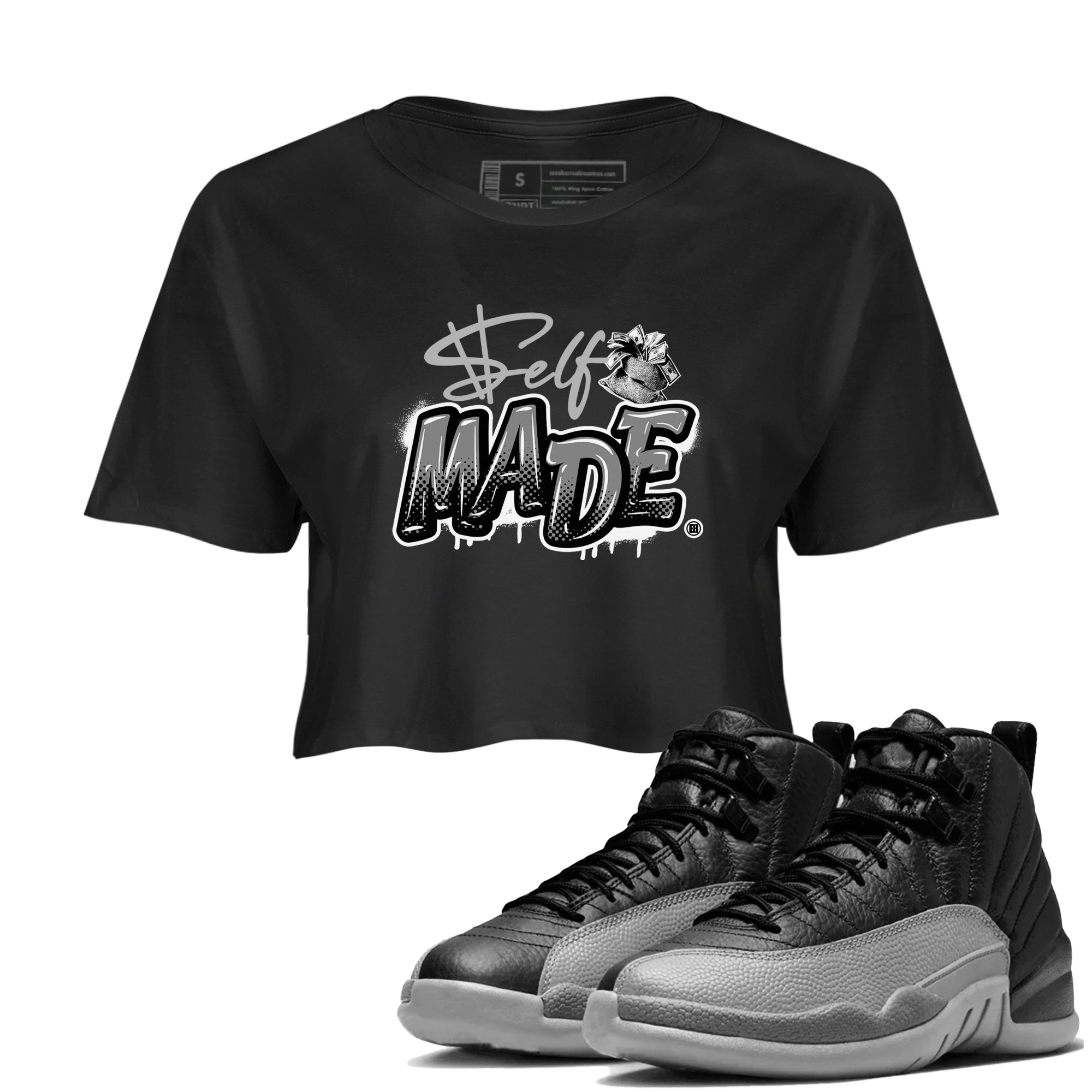 Self Made snkmatch Women's Top - Air Jordan 12 Black Wolf Grey